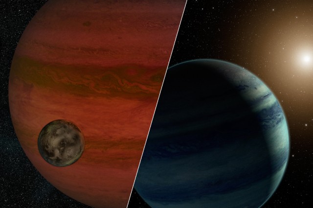 Далечна месечина или бледа ѕвезда? Уметнички се претставени двете можни опции: лево се месечина и планета, а десно планета и ѕвезда. Извор: NASA/JPL-Caltech