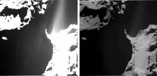 Две слики од истиот регион на „вратот“ на кометата 67П. Десната слика е со експозиција помала од една секунда и прикажува детали од површината на кометата. Левата е преекспонирана (времето на експозиција е 18,45 секунди) па затоа и структурите на површината се нејасни. Заслуги: ESA/Rosetta/MPS for OSIRIS Team MPS/UPD/LAM/IAA/SSO/INTA/UPM/DASP/IDA 