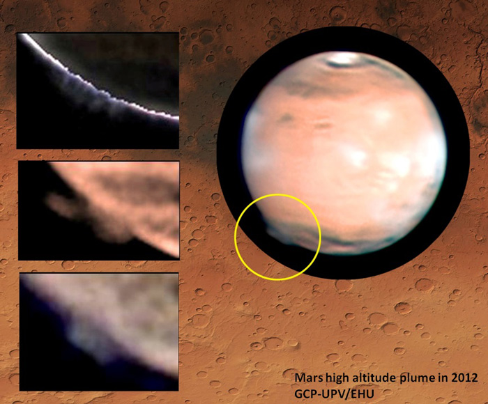 Лево на фотографијата со жолтиот круг е одбележана испакнатата појава над површината на Марс. Како позадина е површината од областа Тера Цимериа каде се формирала оваа појава. Извор: Grupo Ciencias Planetarias (GCP) - UPV/EHU