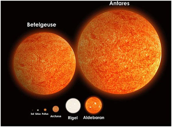 Споредено со некои од познатите ѕвезди, Сонцето е одвај забележливо во долниот ред на лево