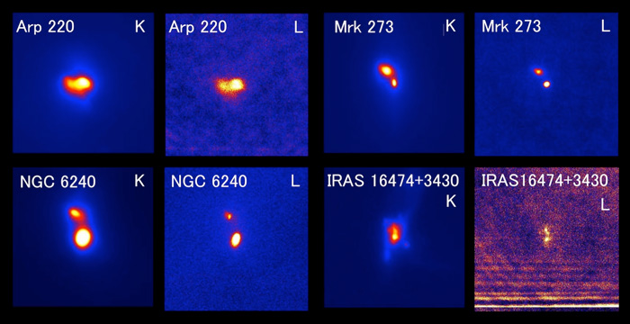 Инфрацрвени слики на четири светли, ширечки галаксии богати со гас кои покажуваат повеќе активни СЦД. Покажуваат емисија од повеќе галактички јадра. Различниот опсег на инфрацрвена емисија ја окарактеризирува емисијата како АГЈ загреана топа прашина, а не како онаа поврзана со формирање на ѕвезди. Кредити: NAOJ
