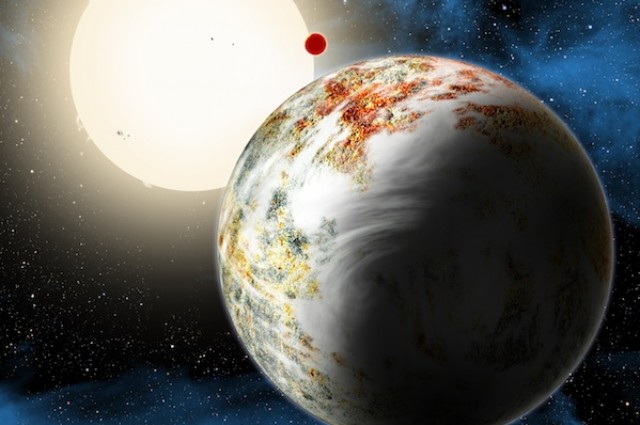 Уметнички приказ на новооткриената планета Кеплер 10ц и лава планетата Кеплер 10б во позадина кои орбитираат околу нивната ѕвезда. Заслуги: David A. Aguilar (CfA)