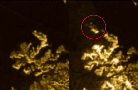 При изминати прелетувања, „Магичен Остров“ не беше видлив близу до брегот на Лигеиа Маре (лево). Тогаш при прелетувањето на Касини на 20 Јули 2013 се појави својство (десно) Кредит: NASA/JPL-CALTECH/ASI/Cornell University, уредување на слики преку Ian O’Neill/Discovery News.