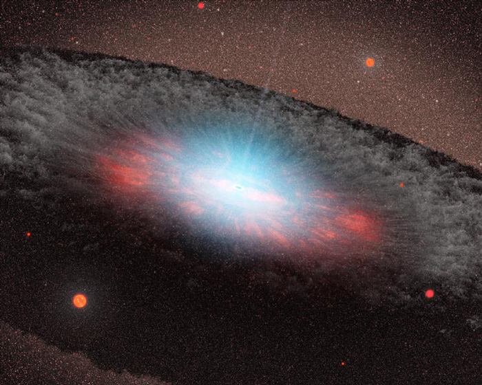 Уметничка перспектива од галаксија со супермасивна црна дупка во својот центар. Плавата боја ја претставува радијацијата која се исфрла од материјата која е многу блиску до црната дупка. Сивата структура која ја опкружува црната дупка, наречена торус, е составена од гас и прашина. Заслуги: НАСА/ЈПЛ- Калтек
