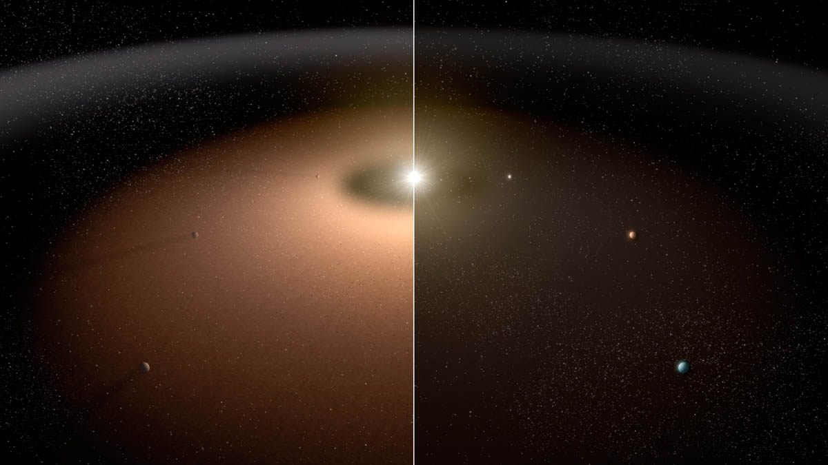 На фотографијата се споредени два уметнички прикази на планетарни системи. Околу едниот има значително повеќе прашина што претставува очигледна пречка при набљудувањето со телескоп бидејќи светлината од прашината се рефлектира многу повеќе и е далеку посјајна од онаа на планетите. Прашината ја рефлектира видливата светлина и зрачи со инфрацрвена или термална светлина. Според истражувачкиот проект на НАСА спроведен со телескопите од опсерваторијата Кек на Хаваи зрелите ѕведзи како Сонцето во просек имаат помалку прашина околу нив. Извор: NASA/JPL-CALTECH.