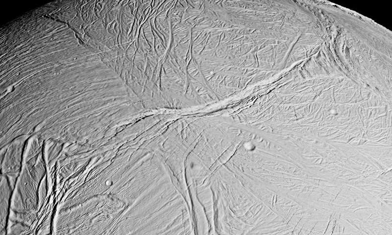 Под замрзнатата, дебела обвивка на Енцелад се крие глобален океан. Извор: НАСА.