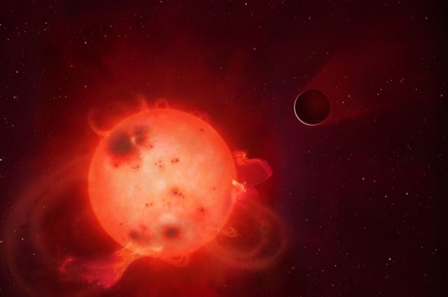 Планетата Кеплер 438б пред својата сурова ѕвезда домаќин. Често е озрачена од силните бранови, кои најверојатно ја прават оваа планета место со услови далеку од поволни за живот. На оваа фотографија е прикажано како атмосферата на планетата се исфрла, односно отстранува настрана.