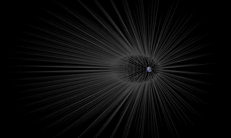 Оваа илустрација ја покажува Земјата опкружена од теоретски нишки (филаменти) на темна материја, или „влакна.“ Заслуга: NASA/JPL-Caltech