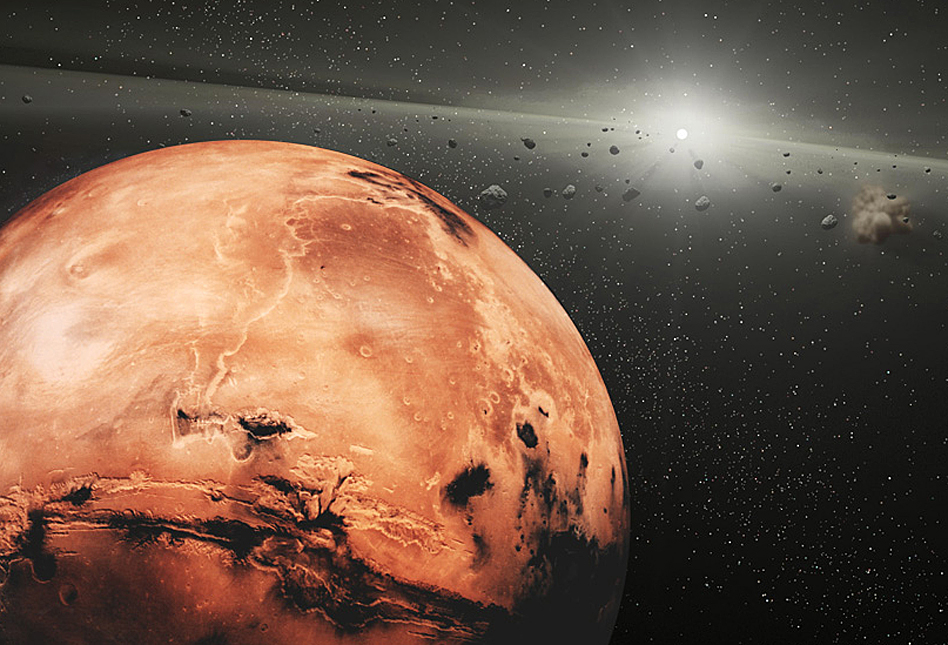 Уметнички приказ на Марс со астероиди во близина. Заслуга: НАСА