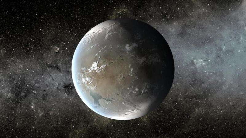 Уметнички приказ на Кеплер 62ф, планета во зоната поволна за живот која орбитира околу ѕвезда на 1200 светлосни години од Земјата.